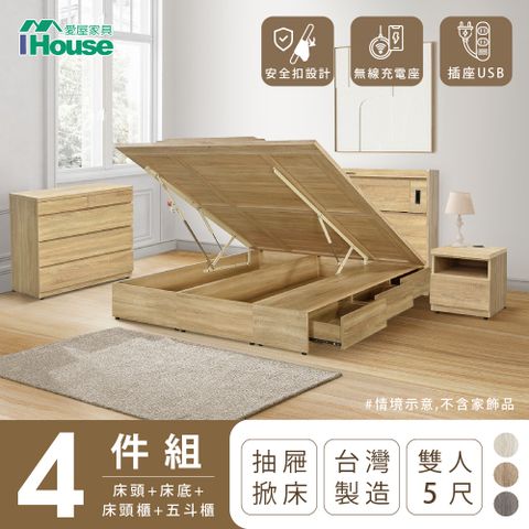 【IHouse愛屋家具】品田 房間4件組(床頭箱、收納抽屜+掀床底、床頭櫃、斗櫃) 雙人5尺