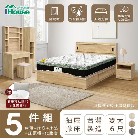 IHouse 愛屋家具 品田 房間5件組(床頭箱收納抽屜+掀床底床墊床頭櫃鏡台含椅) 雙大6尺