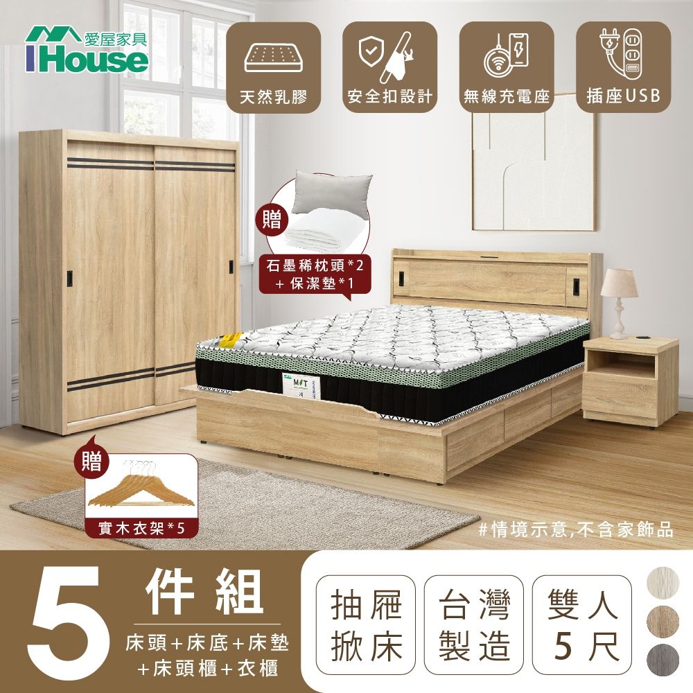 IHouse 愛屋家具 品田 房間5件組(床頭箱、收納抽屜+掀床底、床墊、床頭櫃、衣櫃) 雙人5尺