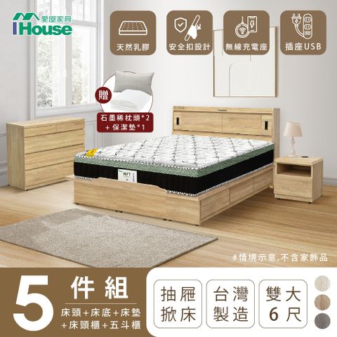 【IHouse愛屋家具】品田 房間5件組(床頭箱、收納抽屜+掀床底、床墊、床頭櫃、斗櫃) 雙大6尺