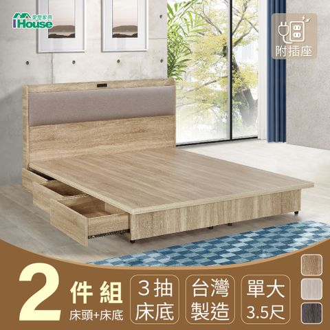 IHouse 愛屋家具 沐森 房間2件組(插座床頭+收納抽屜底) 單大3.5尺