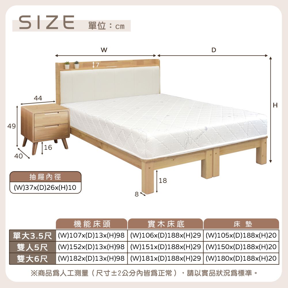 IHouse 愛屋家具 奶油韓風實木 雙大6尺床組 4件組(909B床頭+床底+天絲床墊+床頭櫃)