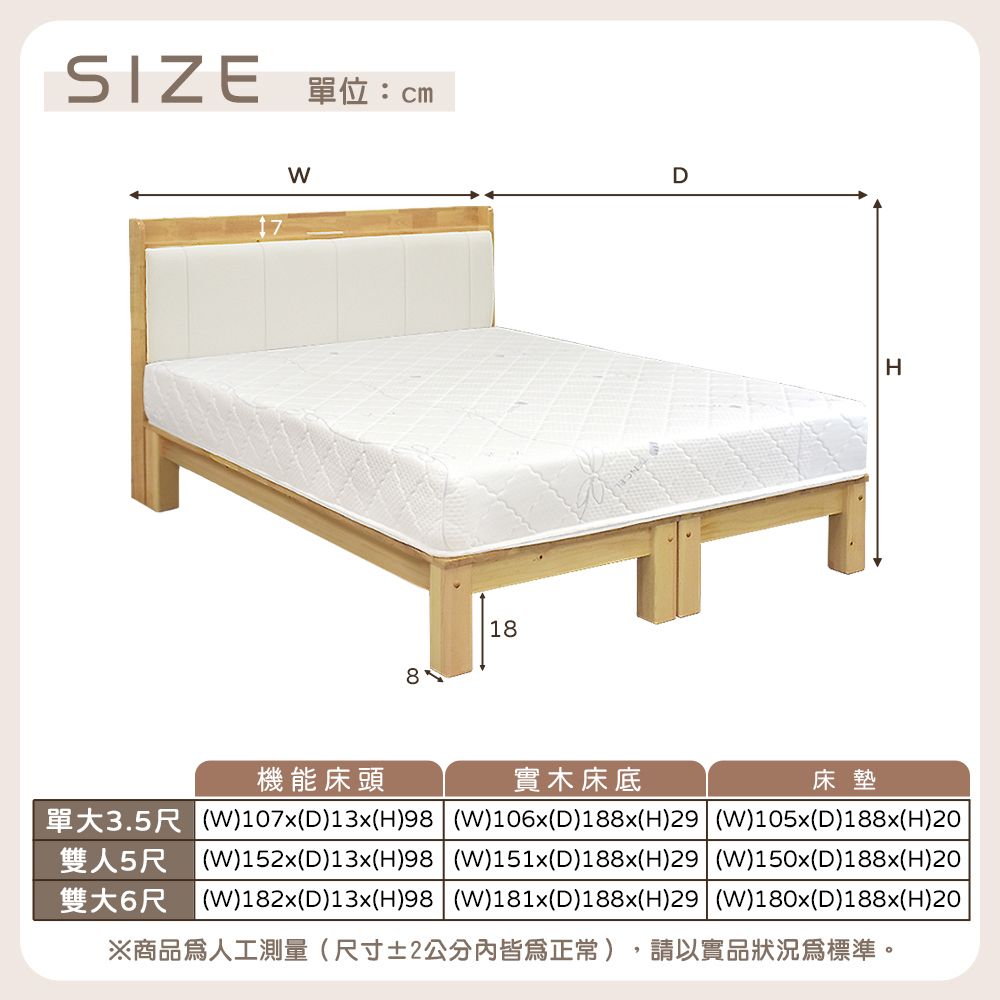 IHouse 愛屋家具 奶油韓風實木路易強化版 6尺床組 3件組(909B床頭+床底+天絲床墊)