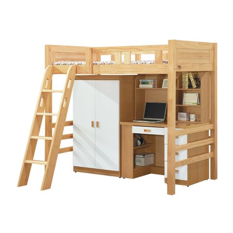 Bernice-嘉文3.5尺單人多功能雙層/高層床組-加高款(床架+衣櫃+書桌)