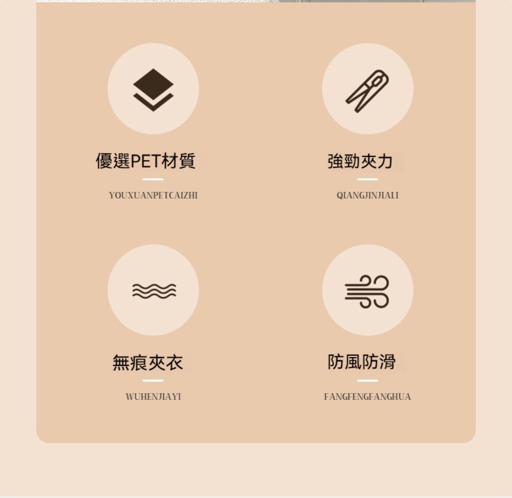 優選PET材質強勁夾力YOUXUANPETCAIZHI無痕夾衣WUHENJIAYI防風防滑FANGFENGFANGHUA