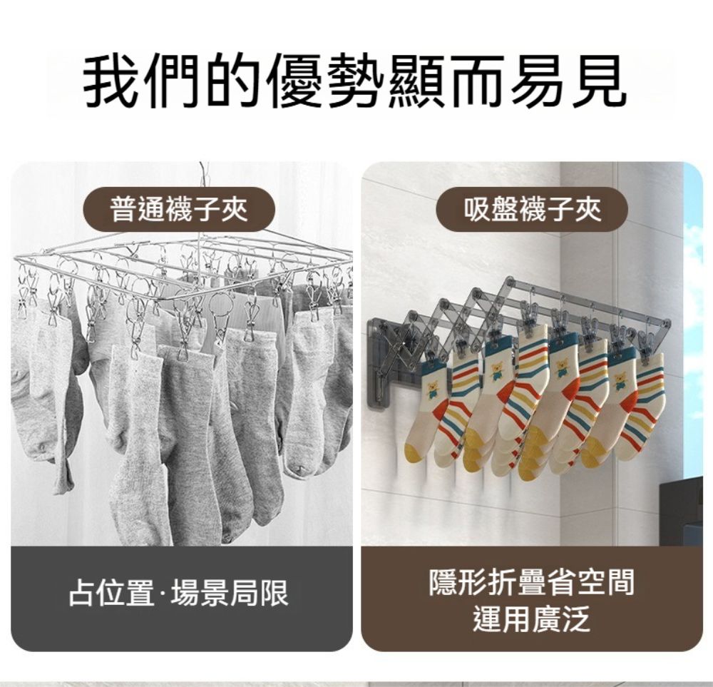 我們的優勢顯而易見普通襪子夾吸盤襪子夾占位置·場景局限隱形折疊省空間運用廣泛
