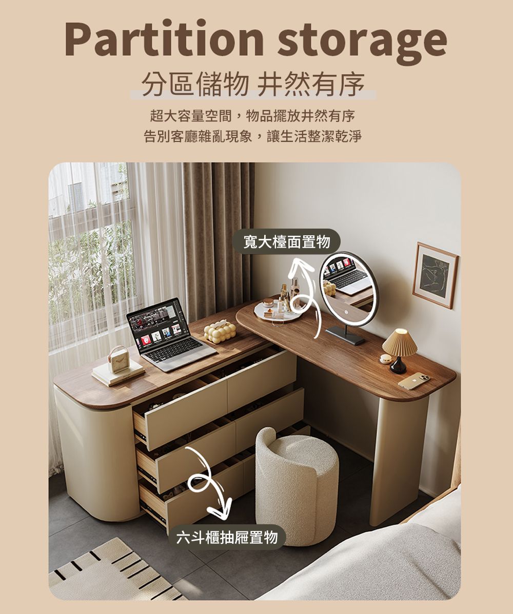 Partition storage分區儲物 井然有序超大容量空間,物品擺放井然有序告別客廳雜亂現象,讓生活整潔乾淨寬大檯面置物六斗櫃抽屜置物