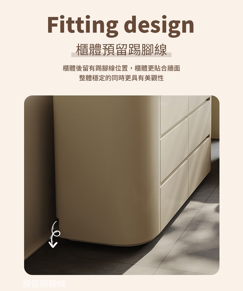 Fitting design櫃體預留踢腳線櫃體後留有踢腳線位置,櫃體更貼合牆面整體穩定的同時更具有美觀性預留踢腳線