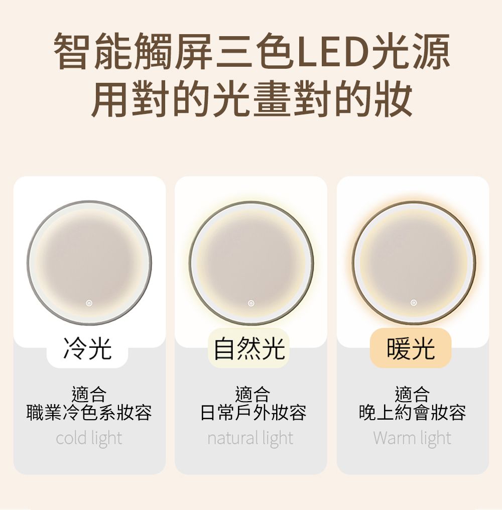 智能觸屏三色LED光源用對的光畫對的冷光自然光暖光適合適合適合職業冷色系妝容日常戶外妝容晚上約會妝容cold lightnatural lightWarm light
