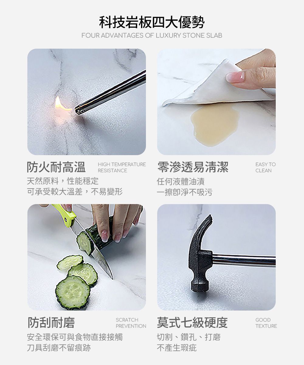科技岩板四大優勢FOUR ADVANTAGES OF LUXURY STONE SLAB防火耐高溫HIGH TEMPERATURERESISTANCE零滲透易清潔EASY TOCLEAN天然原料,性能穩定任何液體油漬可承受較大溫差,不易變形一擦淨不吸污防刮耐磨SCRATCHPREVENTION莫式七級硬度GOODTEXTURE安全環保可與食物直接接觸切割、鑽孔、打磨刀具刮磨不留痕跡不產生瑕疵
