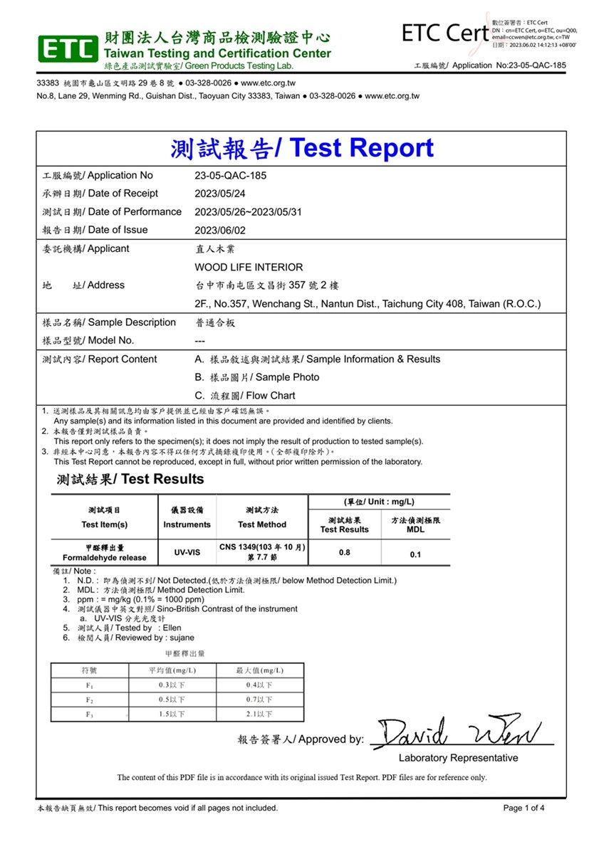 財團法人台灣商品檢驗證中心ETC 綠色產品測試實驗室 Green Prdut Teting Lb數位簽署者ETC CertDN  ETC Cert o ETC  emailccwenetcorgtwcTW 11213+0800pplication No2305-QAC-185ETC Taiwan Teting and Certification Center33383 桃園市龜山區文明路29巷8號 03-328-0026 wwwetcorgtwNo8 Lane 29 ming Rd Guishan Dist Taoyuan City 33383  03-328-0026⚫www.etc.org.tw工服編號Application No承辦日期 Date of Receipt報告日期 Date of Issue測試報告 Test Report23-05-QAC-18520230524a/Date of Performance 2023/05/26-2023/05/312023/06/02委託機構/ Applicant/Address直人木業WOOD LIFE INTERIOR台中市南屯區文昌街 357號2 樓2F. No.357 Wenchang St., Nantun Dist., Taichung City 408, Taiwan R.O.C.普通合板樣品名稱/ Sample Description樣品型號/ Model No.測試內容/ Report ContentA. 樣品敘述與測試結果/ Sample Information & ResultsB.樣品圖片/ Sample PhotoC.流程圖/ Flow Chart 送測樣品及其相關訊息均由客戶提供並已經由客戶確認無誤。Any sample(s) and its information listed in this document are provided and identified by clients. 本報告僅對測試樣品負責。 report only refers to the specimen(s) it does not imply the result of production to tested sample(s).3.非經本中心同意,本報告內容不得以任何方式摘錄複印使用。(全部複印除外)。This Test Report cannot be reproduced, except in full, without prior written permission of the laboratory.測試結果/ Test Results(/ Unit mg/L)測試項目儀器設備測試方法測試結果Test Item(s)InstrumentsTest MethodTest Results方法偵測極限MDL甲醛量UV-VISFormaldehyde releaseCNS 1349(103 )第7.7節4/ Note1. N.D.:即為偵測不到/ Not Detected.(低於方法偵測極限/ below Method Detection Limit.)2. MDL: / Method Detection Limit.3. ppm mg/kg (% 1000 ppm) / Sino-British Contrast of the instrument5.6.a. UV-VIS 分光光度計Tested by : Ellen/Reviewed by: sujane0.1甲醛釋出量符號平均值(mg/L)最大值(mg/L)0.3以下0.4以下0.5以下0.7以下1.5以下2.1以下報告簽署人/A Wen Approved by: DavidLaboratory RepresentativeThe content of this PDF file is in accordance with its original issued Test Report. PDF files are for reference only.This report becomes void if all pages not included.Page 1 of 4