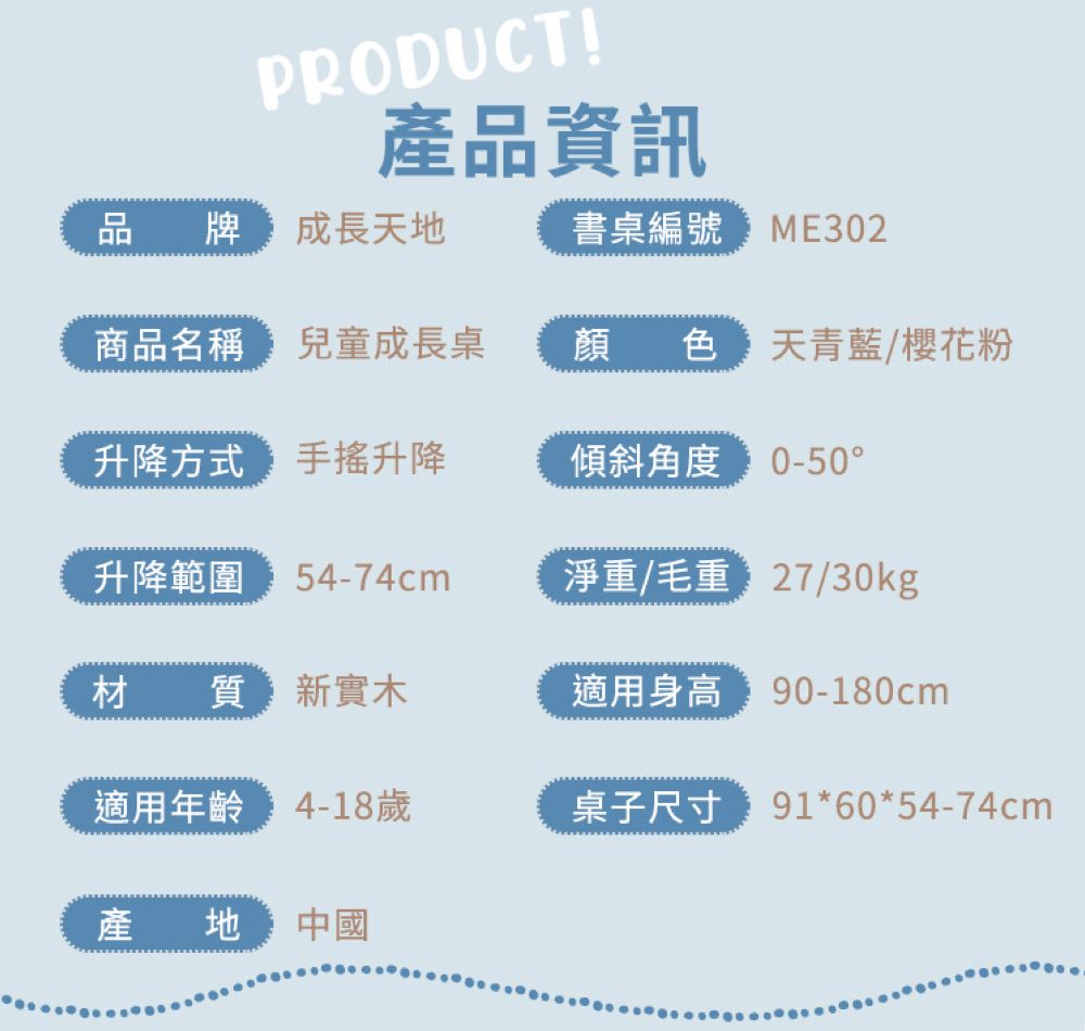 PRODUCT!產品資訊品牌成長天地書桌編號 ME302商品名稱 兒童成長桌顏色天青藍/櫻花粉升降方式 升降傾斜角度 0-50升降範圍 54-74cm淨重/毛重:/30kg材質新實木適用身高 90-180cm適用年齡 4-18歲桌子尺寸 91*60*54-74cm產地:中國