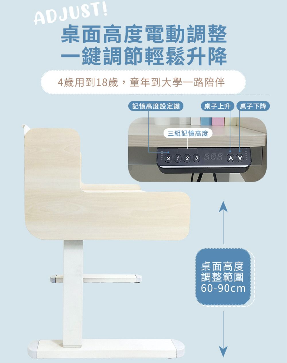 ADJUT!桌面高度電動調整一鍵調節輕鬆升降4歲用到18歲,童年到大學一路陪伴記憶高度設定鍵桌子上升桌子下降三組記憶高度S1 2 3桌面高度調整範圍60-90cm