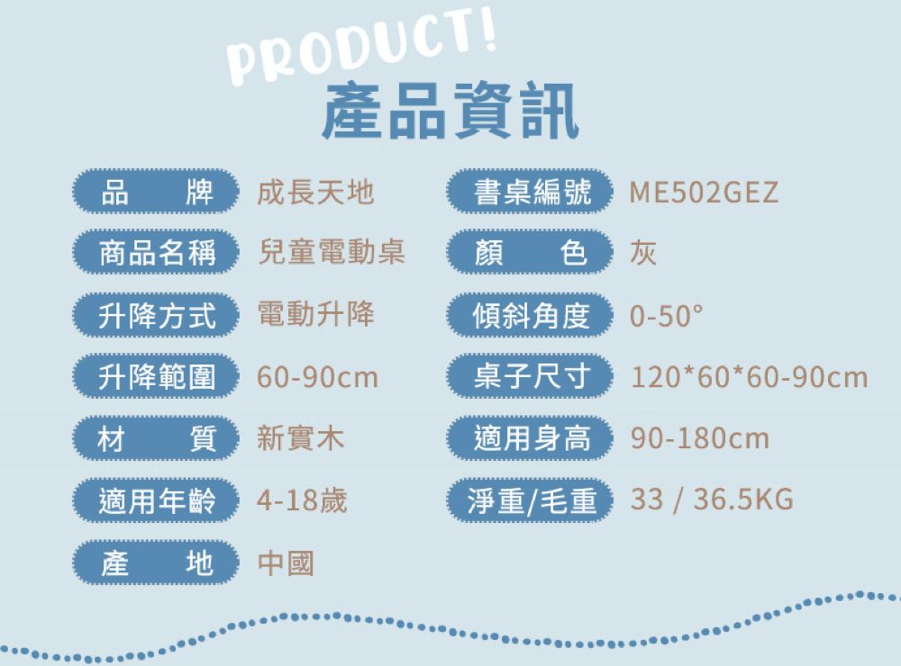 PRODUCT!產品資訊品牌 成長天地書桌編號ME502GEZ商品名稱升降方式 電動升降升降範圍 60-90cm材質新實木適用年齡 歲產地中國兒童電動桌顏色 灰傾斜角度0-50桌子尺寸120*60*60-90cm適用身高 90-180cm淨重/毛重 / 36.5KG