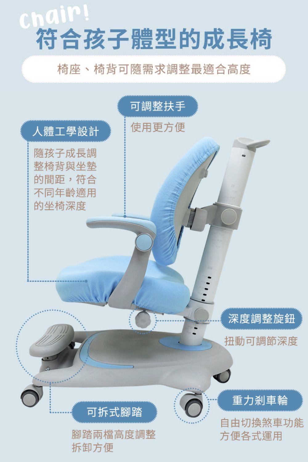 Chair!符合孩子體型的成長椅椅座、椅背可需求調整最適合高度可調整扶手人體工學設計使用更方便隨孩子成長調整椅背與坐墊的間距,符合不同年齡適用的坐椅深度可拆式腳踏深度調整旋鈕扭動可調節深度重力剎車輪自由切換煞車功能腳踏兩檔高度調整拆卸方便方便各式運用