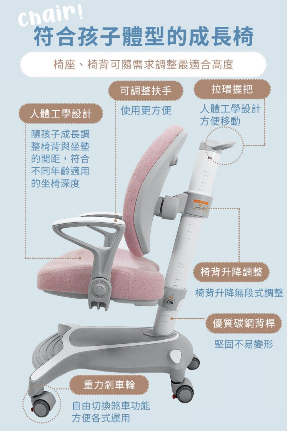 Chair!符合孩子體型的成長椅椅座、椅背可隨需求調整最適合高度可調整扶手拉環握把人體工學設計使用更方便人體工學設計方便移動隨孩子成長調整椅背與坐墊的間距,符合不同年齡適用的坐椅深度重力剎車輪自由切換煞車功能方便各式運用椅背升降調整椅背升降無段式調整優質碳鋼背桿堅固不易變形