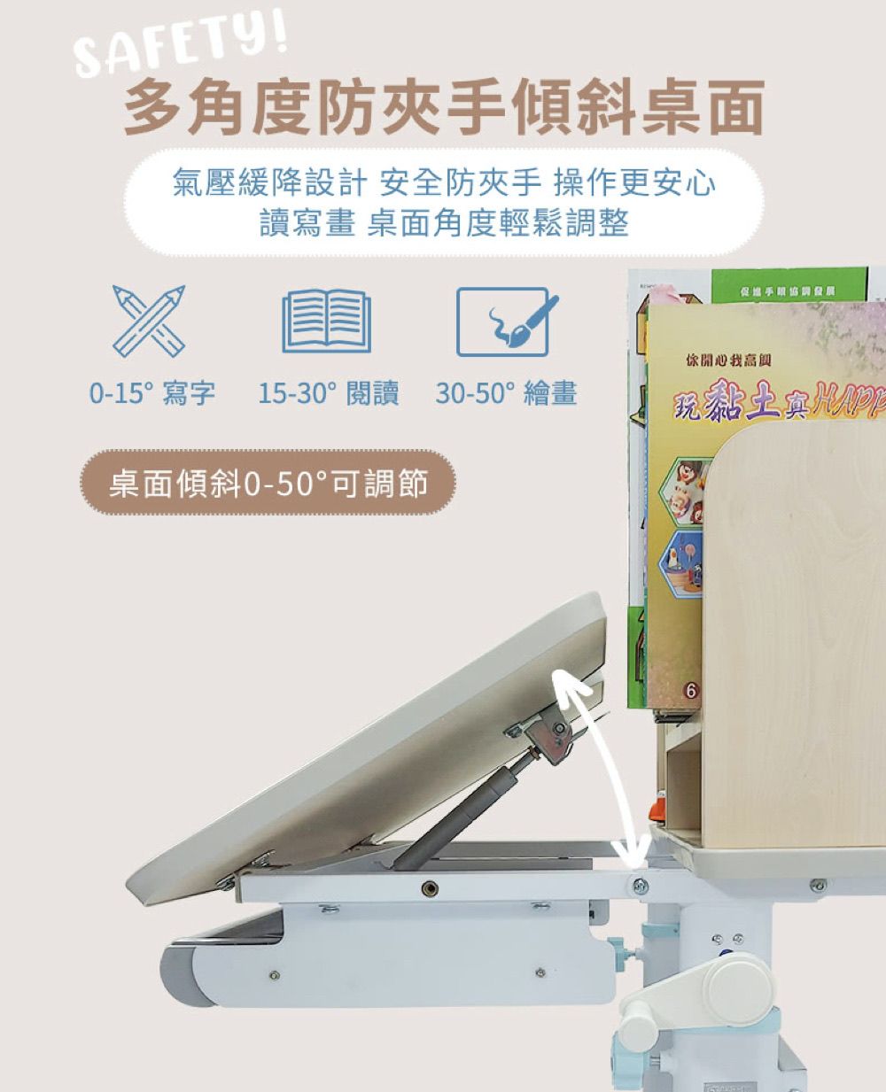 SAFETY!多角度傾斜桌面氣壓緩降設計 安全防夾手 操作更安心讀寫畫 桌面角度輕鬆調整手你開心我高興-15°寫字15-30°閱讀 30-50°繪畫桌面傾斜0-50°可調節60
