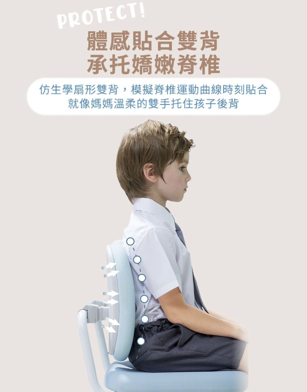 PROTECT!體感貼合雙背承托嬌嫩脊椎仿生學扇形雙背,模擬脊椎運動曲線時刻貼合就像媽媽溫柔的雙手托住孩子後背