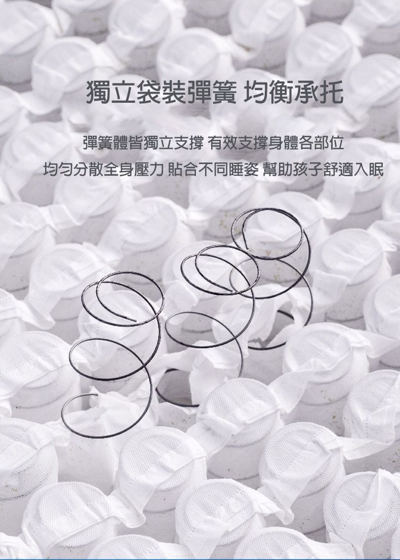 獨立袋裝彈簧 均衡承托彈簧體皆獨立支撐有效支撐身體各部位均匀分散全身壓力貼合不同睡姿幫助孩子舒適入眠