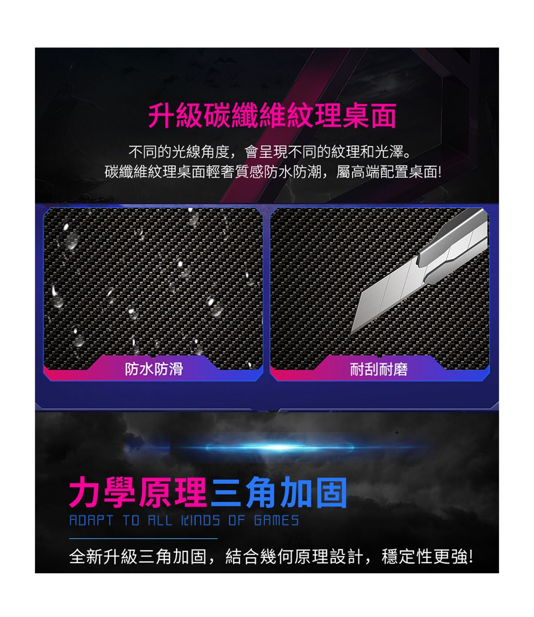 升級碳纖維紋理桌面不同的光線角度,會呈現不同的紋理和光澤。碳纖維紋理桌面輕奢質感防水防潮,屬高端配置桌面!防水防滑耐刮耐磨力學原理三角加固ADAPT TO ALL  OF GAMES全新升級三角加固,結合幾何原理設計,穩定性更強!