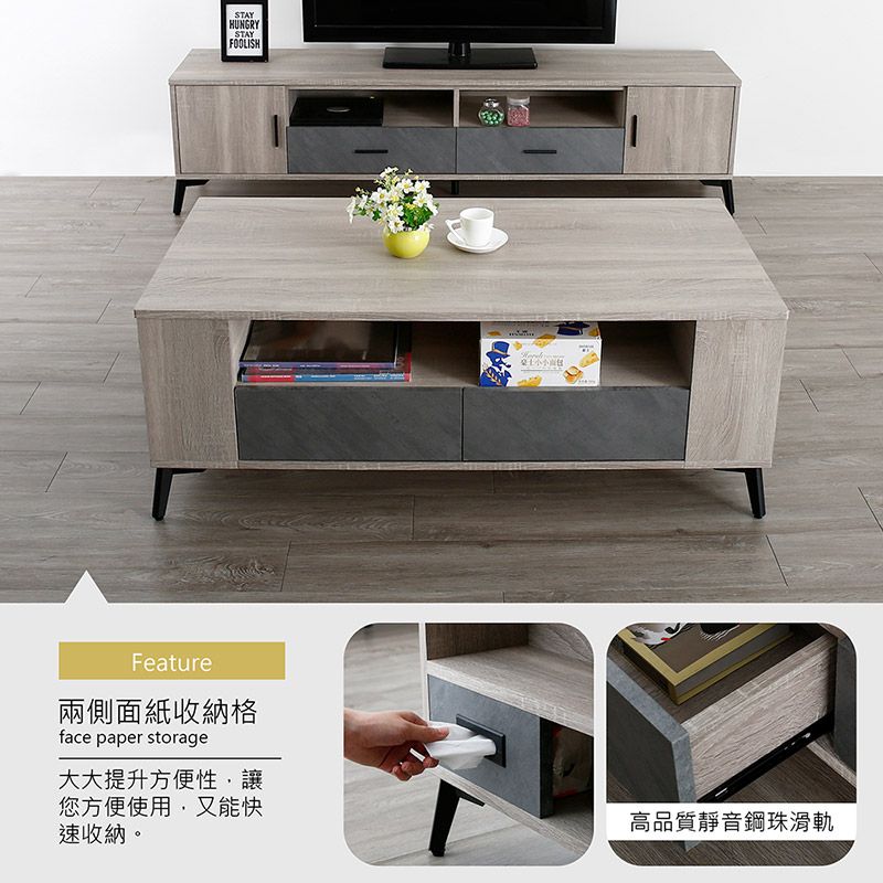 STAYHUNGRYSTAYFOOLISHFeature兩側面紙收納格face paper storage大大提升方便性讓您方便使用,又能快速收納。高品質靜音鋼珠滑軌