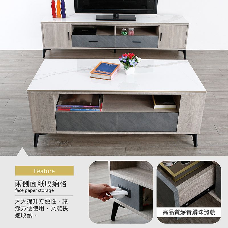 Feature兩側面紙收納格face paper storage大大提升方便性讓您方便使用,又能快速收納。高品質靜音鋼珠滑軌