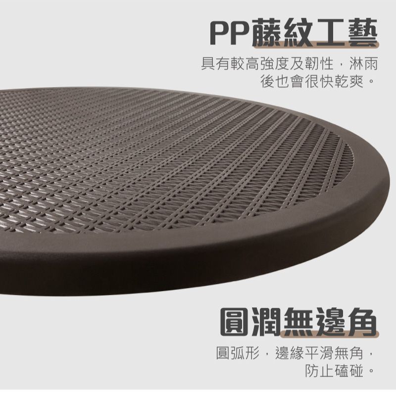 PP藤紋工藝具有較高強度及韌性淋雨後也會很快乾爽。圓潤無邊角圓弧形,邊緣平滑無角,防止磕碰。