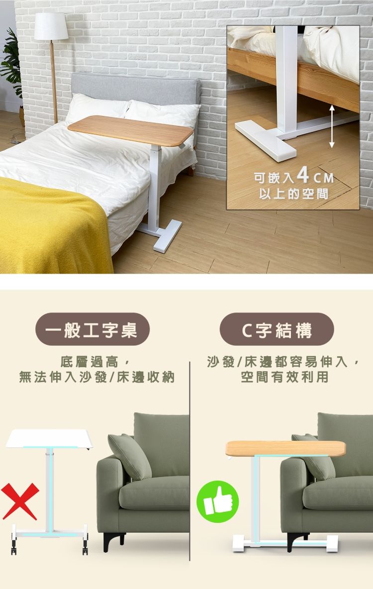 一般工字桌底層過高,無法伸入沙發/床邊收納可嵌入以上的空間C字結構沙發/床邊都容易伸入,空間有效利用