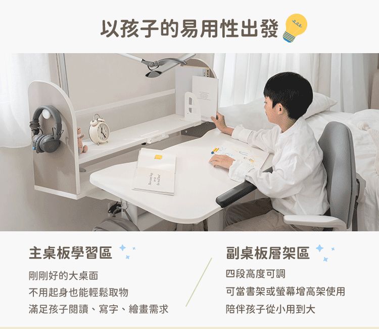 以孩子的易用性出發主桌板學習區剛剛好的大桌面不用起身也能輕鬆取物滿足孩子閱讀、寫字、繪畫需求副桌板層架區四段高度可調可當書架或螢幕增高架使用陪伴孩子從小到大