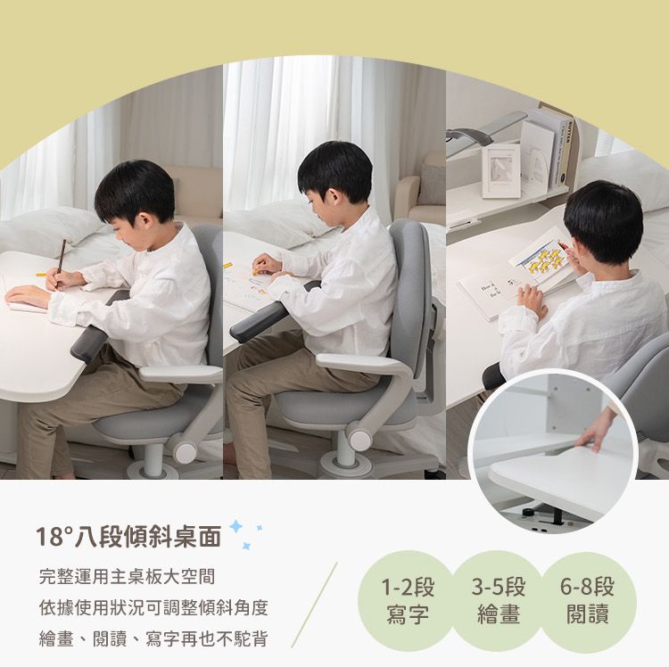 18°八段傾斜桌面完整運用主桌板大空間1-2段3-5段6-8段依據使用狀況可調整傾斜角度繪畫、閱讀、寫字再也不駝背寫字繪畫閱讀
