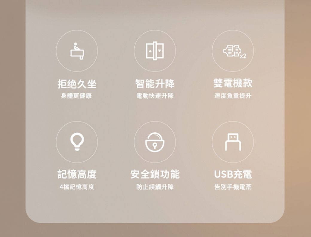 x2拒绝久坐智能升降雙電機款身體更健康電動快速升降速度負重提升記憶高度安全鎖功能USB充電4記憶高度防止誤觸升降告別手機電荒