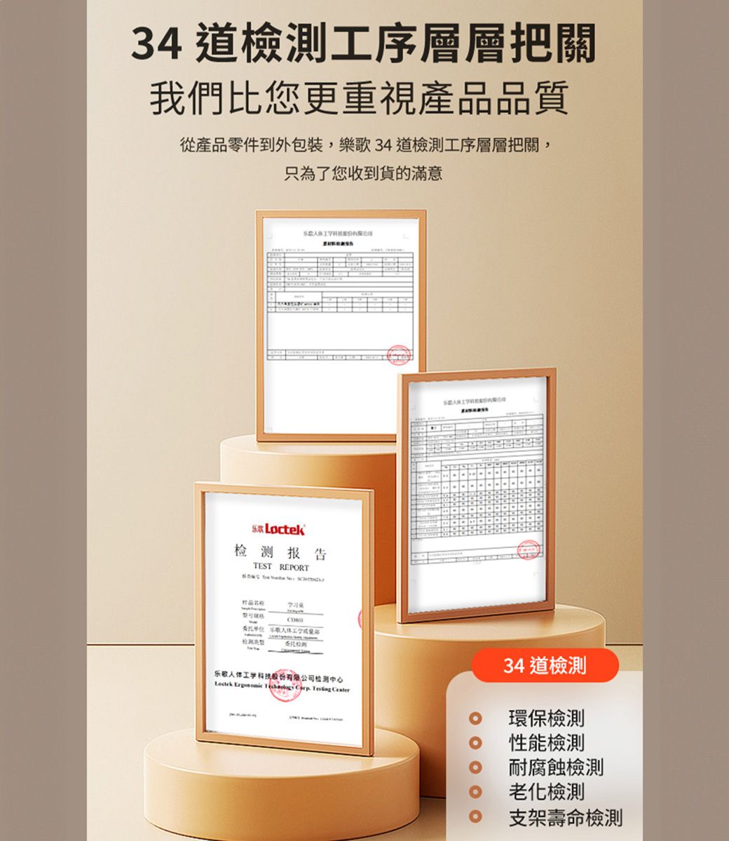 34 道檢測工序層層把關我們比您更重視產品質從產品零件到外包裝,樂34道檢測工序層層把關,只為了您收到貨的滿意报告TEST REPORT  品  乐歌人体工学科技股份有限公司检测中心Loctek     Center34 道檢測環保檢測性能檢測耐腐蝕檢測老化檢測支架壽命檢測