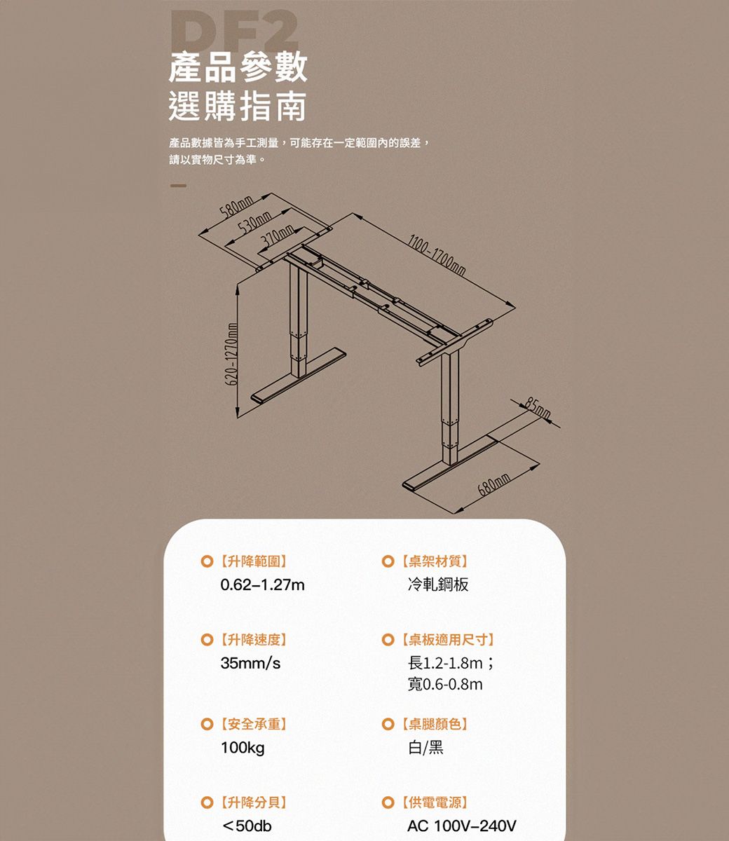 DF2產品參數選購指南產品數據皆為手工測量,可能存在一定範圍的誤差,以實物尺寸為準。580mm530mm620-1270mm370mm升降範圍0.62-1.27m升降速度35mm/s1100-1700mm桌架材質冷軋鋼板桌板適用尺寸1.2-1.8m 0.6-0.8m安全承重100kg【桌腿顏色白/黑680mm【升降分貝◎【供電電源50dbAC 100V-240V85mm