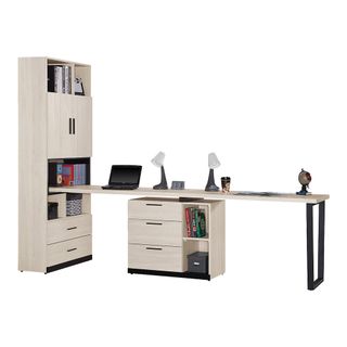 Bernice-恩斯9尺日系多功能書櫃型工作桌組合/伸縮書櫃+雙人書桌(D款)