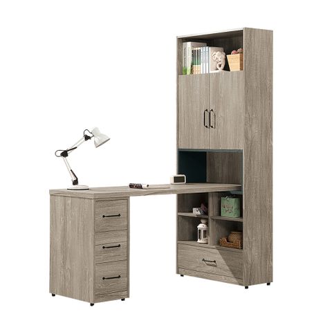 Bernice-本森5尺輕工業風L型書櫃+工作書桌組合(D款-5尺三抽書桌+2.7尺二門單抽書櫃)