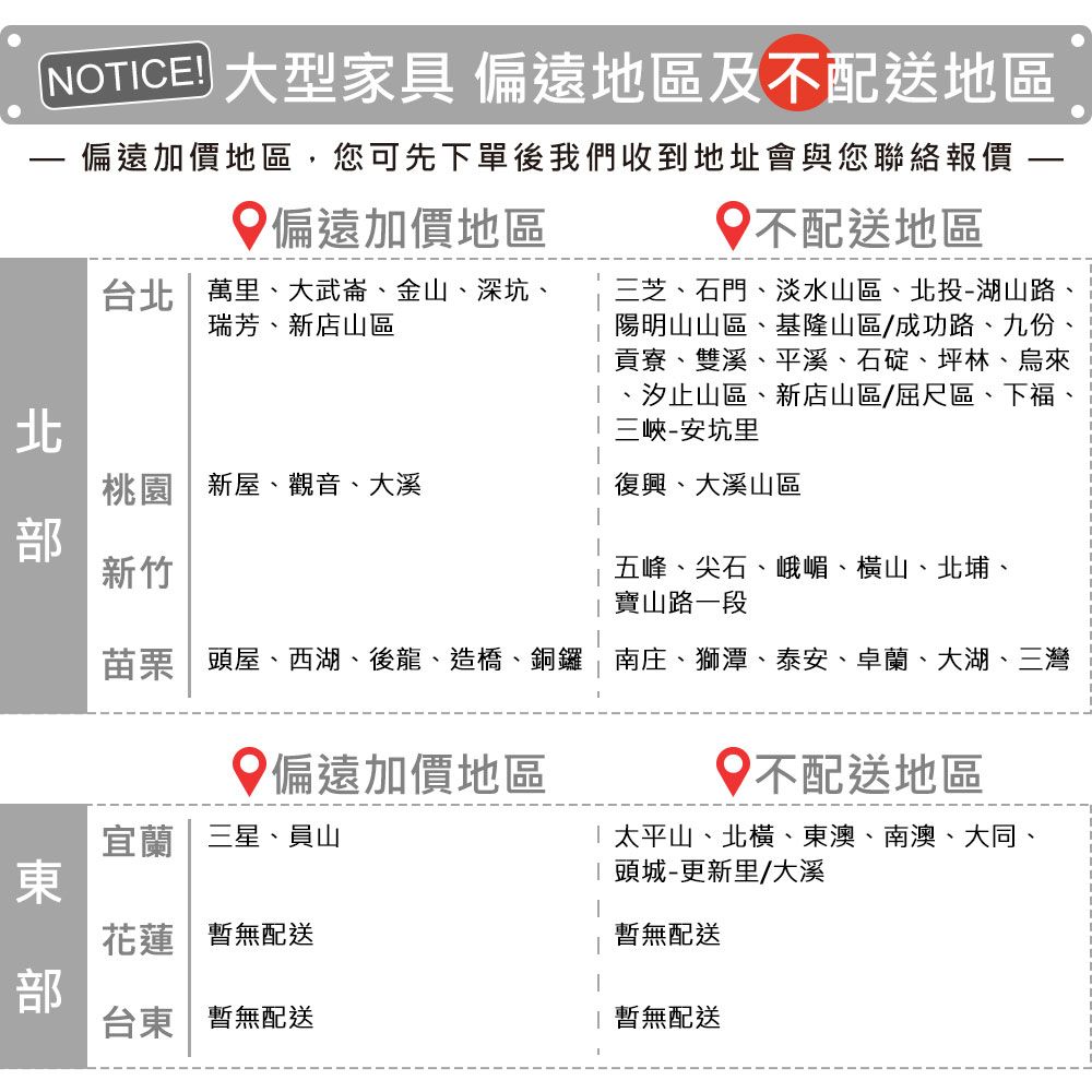 NOTICE 大型家具 偏遠地區及不配送地區偏遠加價地區偏遠加價地區,您可先下單後我們收到地址會與您聯絡報價不配送地區台 萬里、大武崙、金山、深坑、瑞芳、新店山區北三芝、石門、淡水山區、北投-湖山路、陽明山山區、基隆山區/成功路、九份、貢寮、雙溪、平溪、石碇、坪林、烏來汐止山區、新店山區/屈尺區、下福、-安坑里桃園新屋、觀音、大溪復興、大溪山區新竹五峰、尖石、峨嵋、山、北埔、寶山路一段苗栗頭屋、西湖、後龍、造橋、銅鑼南庄、獅潭、泰安、卓蘭、大湖、三灣偏遠加價地區不配送地區太平山、北橫、東澳、南澳、大同、宜蘭三星、員山東 頭城-更新里/大溪花蓮無配送暫無配送台東| 暫無配送 暫無配送