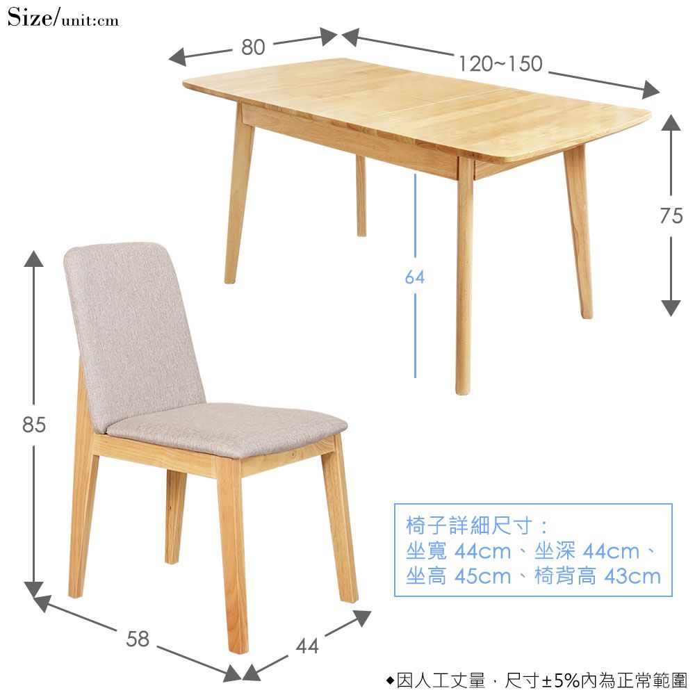 Size/unit:cm8580120-150584464椅子詳細尺寸:坐寬 44cm、坐深 44cm、坐高 45cm、椅背高 43cm75因人工丈量,尺寸5%內為正常範圍