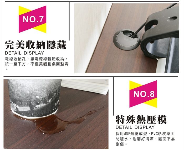 NO.7完美收納隱藏DETAIL DISPLAY電線收納孔,讓電源線輕鬆收納,統一至下方,不僅美觀且桌面整齊NO.8特殊熱壓模DETAIL DISPLAY採用MDF熱壓成型,PVC貼皮桌面防潑水,耐磨好清潔,霧面不易刮傷。