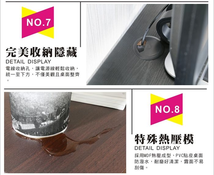 NO.7完美收納隱藏DETAIL DISPLAY電線收納孔,讓電源線輕鬆收納,統一至下方,不僅美觀且桌面整齊NO.8特殊熱壓模DETAIL DISPLAY採用MDF熱壓成型,PVC貼皮桌面防潑水,耐磨好清潔,霧面不易刮傷。