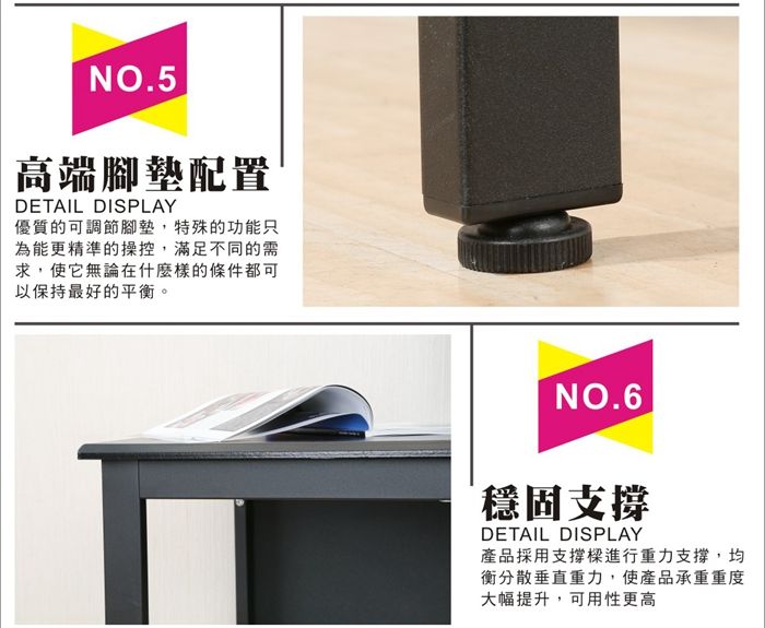 NO.5高端腳墊配置DETAIL DISPLAY優質的可調節腳墊,特殊的功能只為能更精準的操控,滿足不同的需求,使它無論在什麼樣的條件都可以保持最好的平衡。NO.6穩固支撐DETAIL DISPLAY產品採用支撐樑進行重力支撐,均衡分散垂直重力,使產品承重重度大幅提升,可用性更高