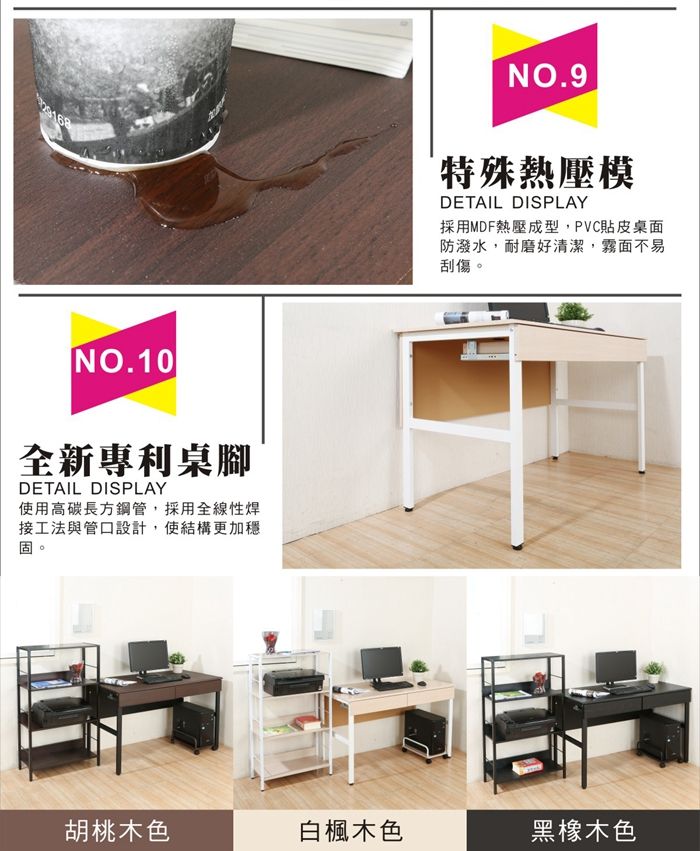 NO.10全新專利桌腳DETAIL DISPLAY使用高碳長方鋼管,採用全線性焊接工法與管口設計,使結構更加穩固NO.9特殊熱壓模DETAIL DISPLAY採用MDF熱壓成型,PVC貼皮桌面防潑水,耐磨好清潔,霧面不易刮傷。胡桃木色白楓木色黑橡木色
