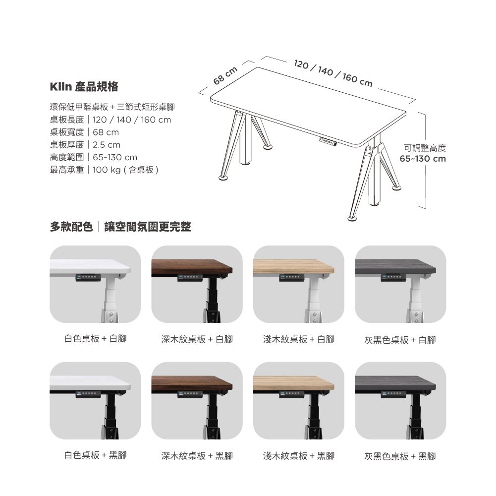 Kiin 產品規格環保低甲醛桌板+三節式矩形桌腳桌板長度120/140/160cm桌板寬度  68cm桌板厚度 | 2.5 cm高度範圍 | 65130cm最高承重 |  kg (含桌板 )多款配色|讓空間氛圍更完整-68cm120/140/160cm可調整高度65-130cm白色桌板+白腳深木紋桌板+白腳淺木紋桌板+白腳灰黑色桌板+白腳白色桌板+黑腳深木紋桌板+黑腳淺木紋桌板+黑腳灰黑色桌板+黑腳
