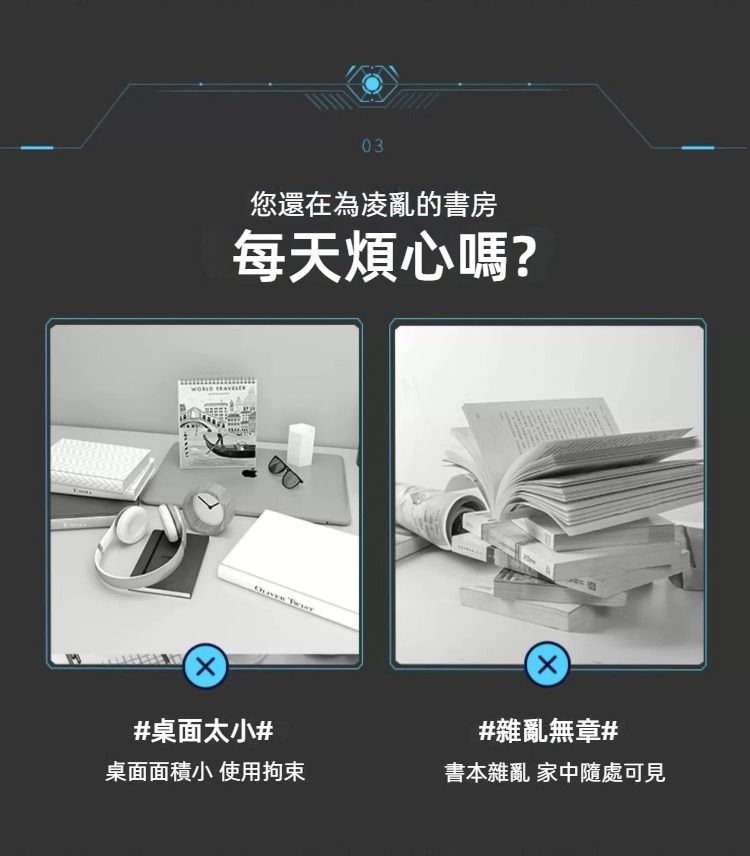 WORLD 03您還在為凌亂的書房每天煩心嗎?#桌面太小#桌面面積小 使用拘束#雜亂無章#書本雜亂 家中隨處可見