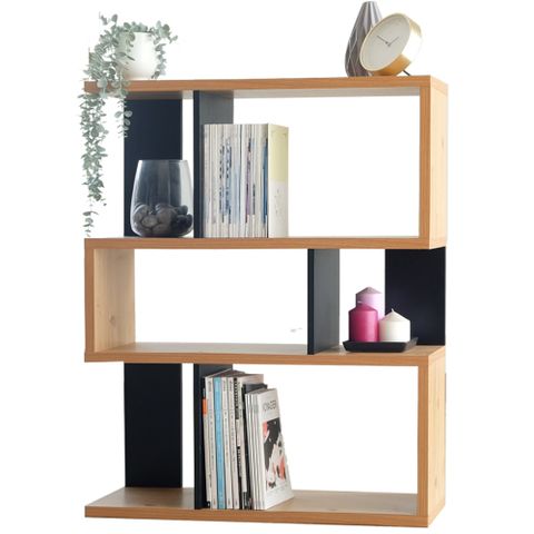 EASY HOME-厚板三層收納展示書櫃-北歐原木色+黑色(展示櫃 書櫃 置物櫃 雜誌櫃)