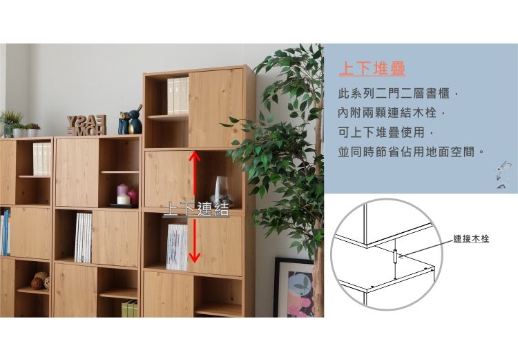 上下連結上下堆疊此系列二門二層書櫃內附兩顆連結木,可上下堆疊使用,並同時節省佔用地面空間。接木栓