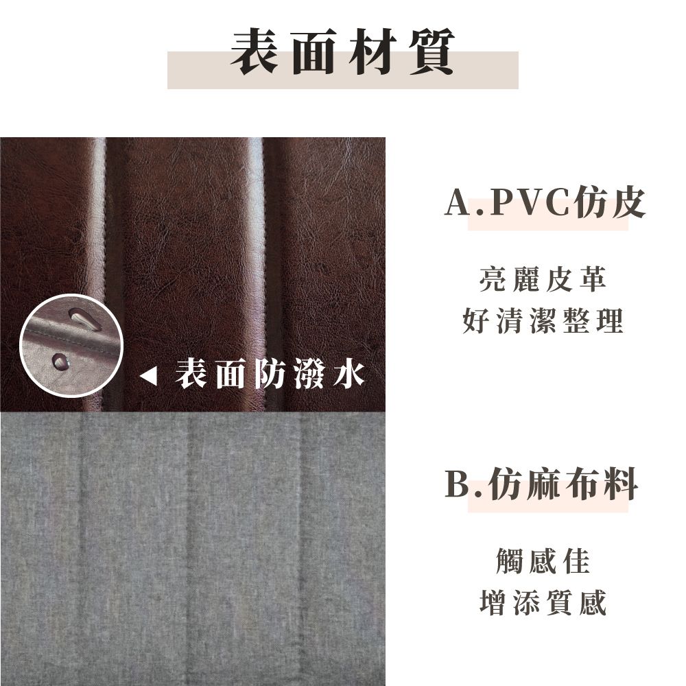 表面材質 表面防潑水A.PVC仿皮亮麗皮革好清潔整理B.仿麻布料觸感佳增添質感