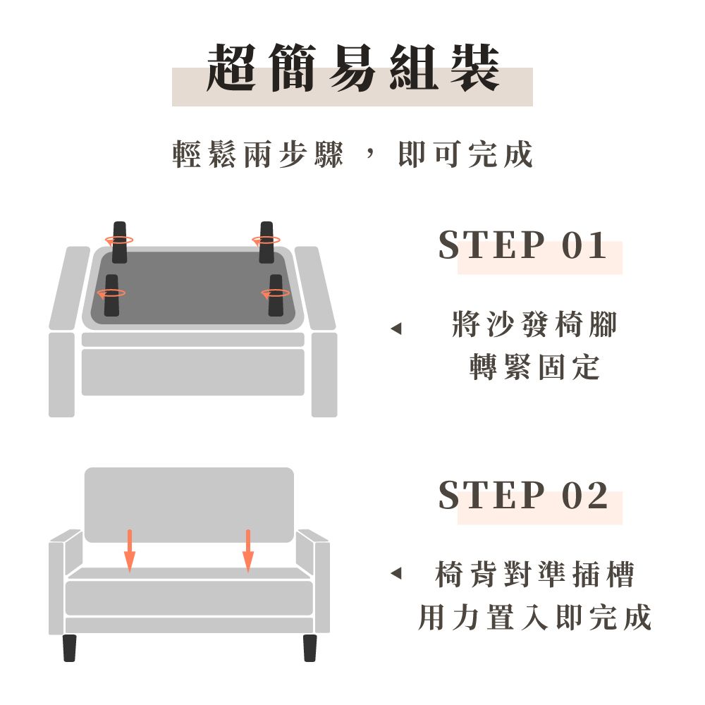 超簡易組裝輕鬆步驟, 即可完成STEP 01將沙發椅腳轉緊固定STEP 02 椅背對準插槽用力置入即完成