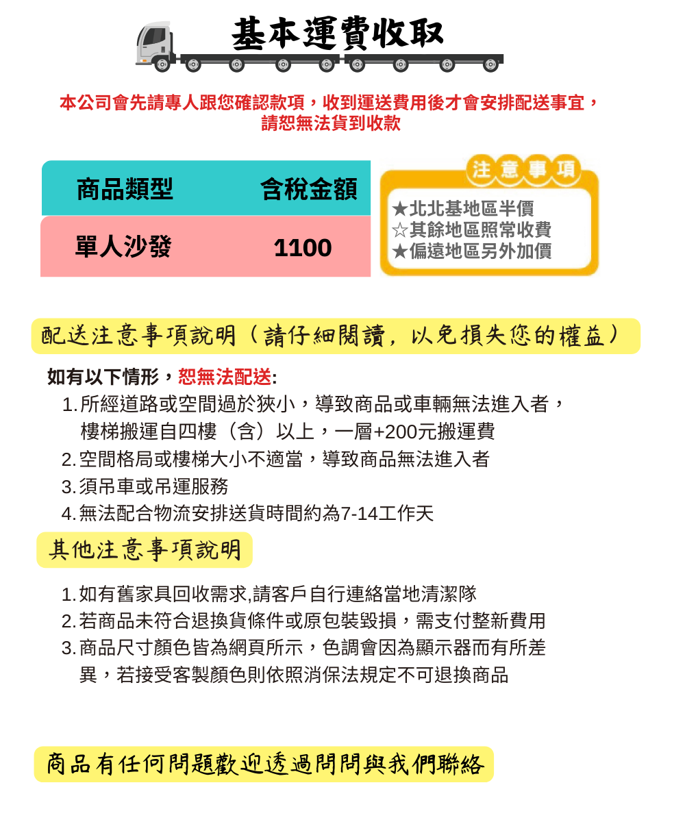 基本運費收取本公司會先請跟您確認款項收到運送費用後才會安排配送事宜,請恕無法貨到收款注意事項商品類型含稅金額★北北基地區半價☆其餘地區照常收費單人沙發1100★偏遠地區另外加價配送注意事項說明(請仔細閱讀,以免損失您的權益)如有以下情形,恕無法配送1.所經道路或空間過於狹小,導致商品或車輛無法進入者,樓梯搬運自四樓(含)以上,一層+200元搬運費2. 空間格局或樓梯大小不適當,導致商品無法進入者3.須吊車或吊運服務4. 無法配合物流安排送貨時間約為7-14工作天其他注意事項說明1.如有舊家具回收需求,請客戶自行連絡當地清潔隊2. 若商品未符合退換貨條件或原包裝毀損,需支付整新費用3.商品尺寸顏色皆為網頁所示,色調會因為顯示器而有所差異,若接受客製顏色則依照消保法規定不可退換商品商品有任何問題歡迎透過問問與我們聯絡