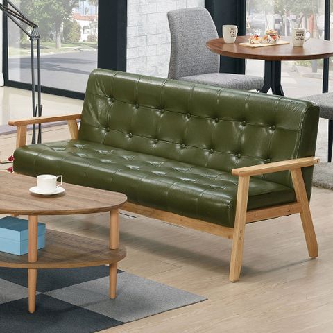 Bernice-茱莉綠色皮革實木沙發三人座/沙發椅