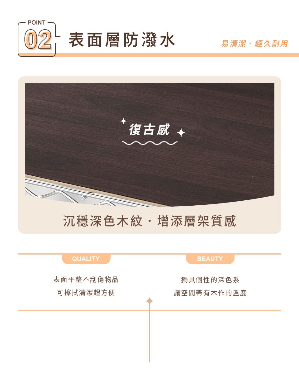 POINT表面層防潑水易清潔經久耐用復古 沉穩深色木紋增添層架質感QUALITY表面平整不刮傷物品可擦拭清潔超方便BEAUTY獨具個性的深色系讓空間帶有木作的溫度